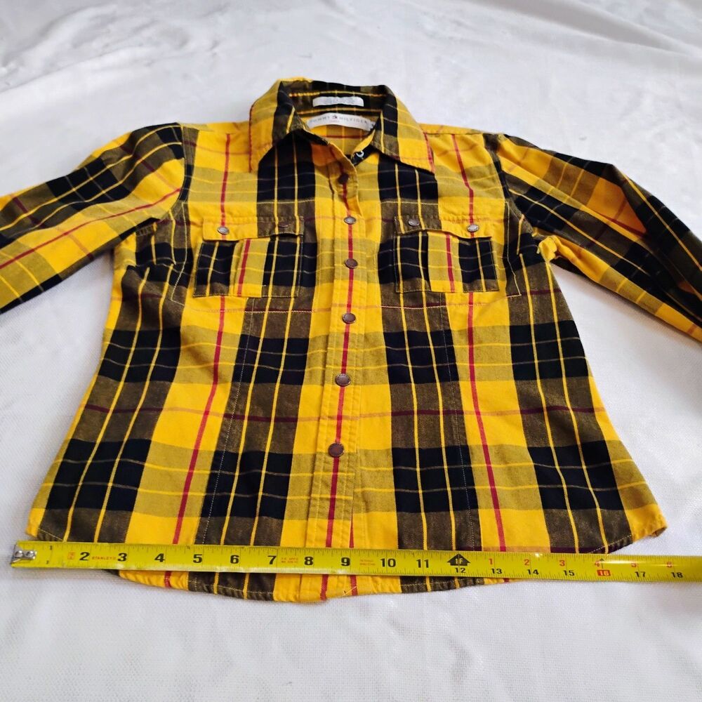 Tommy Hilfiger Y2K Yellow Plaid Flannel Shirt Small Clueless 2002 Snap Vintage - Picture 11 of 16